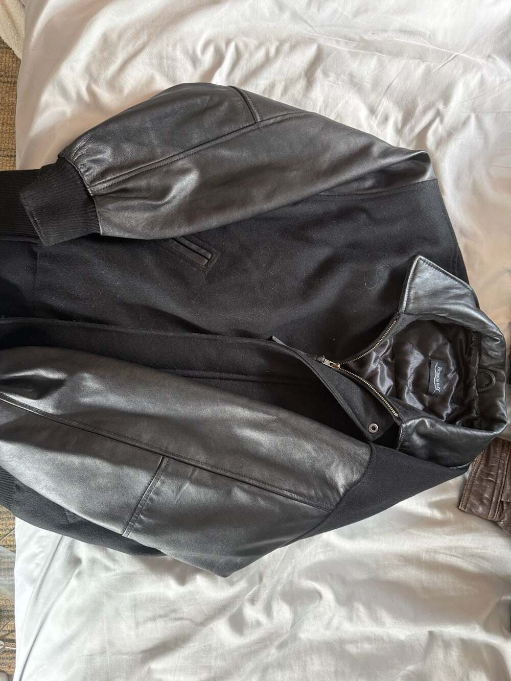 Burks Bay Men's Black Wool and Leather Varsity Bomber Jacket